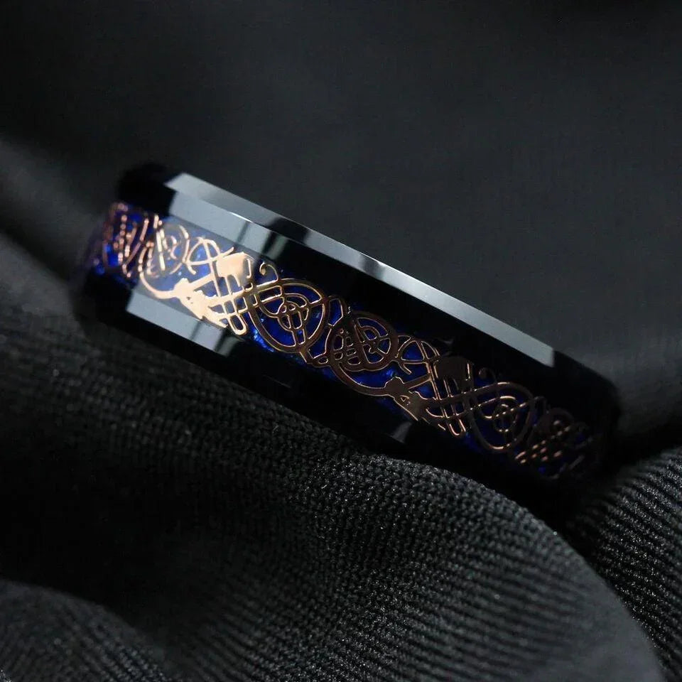 Men’s Wedding Band Ring - Rose Gold Celtic Dragon with Blue Carbon Fiber - Unisex Wedding Rings - Jewelry Store by Erik Rayo