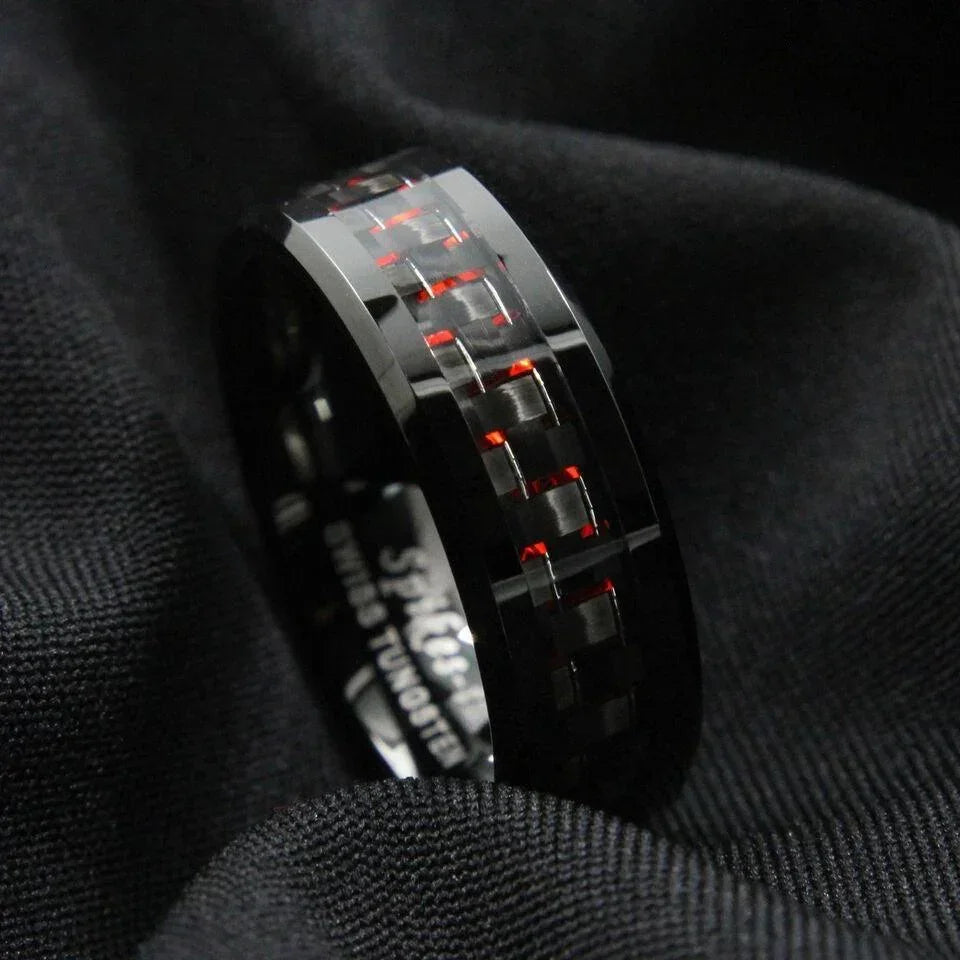 Men’s Wedding Band Ring - 8mm Black & Red Carbon Fiber - Stylish Wedding Rings for Men & Women - Jewelry Store by Erik Rayo