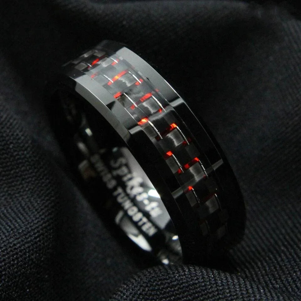 Men’s Wedding Band Ring - 8mm Black & Red Carbon Fiber - Stylish Wedding Rings for Men & Women - Jewelry Store by Erik Rayo