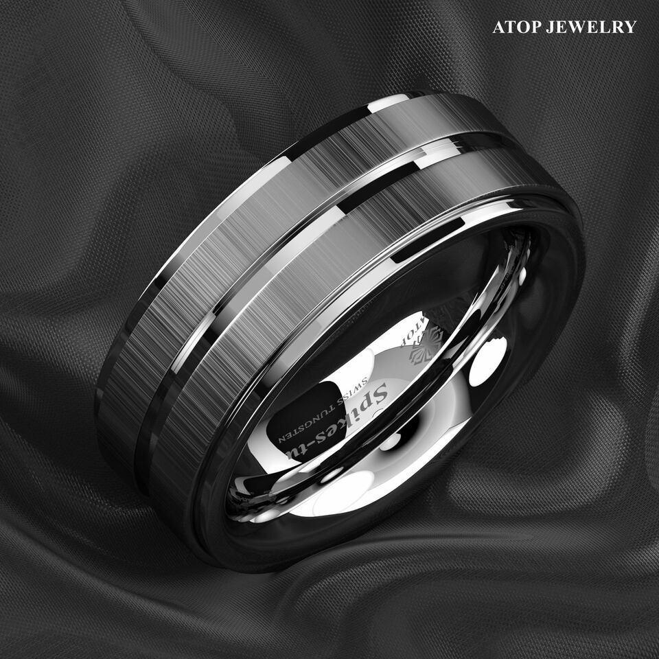 Men's Tungsten Carbide Wedding Band Rings - Vertical Brushed Meteorite Design - Wedding Rings for Men and Women