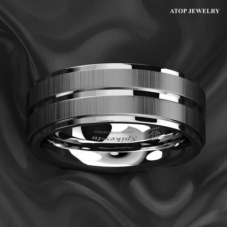 Men's Tungsten Carbide Wedding Band Rings - Vertical Brushed Meteorite Design - Wedding Rings for Men and Women