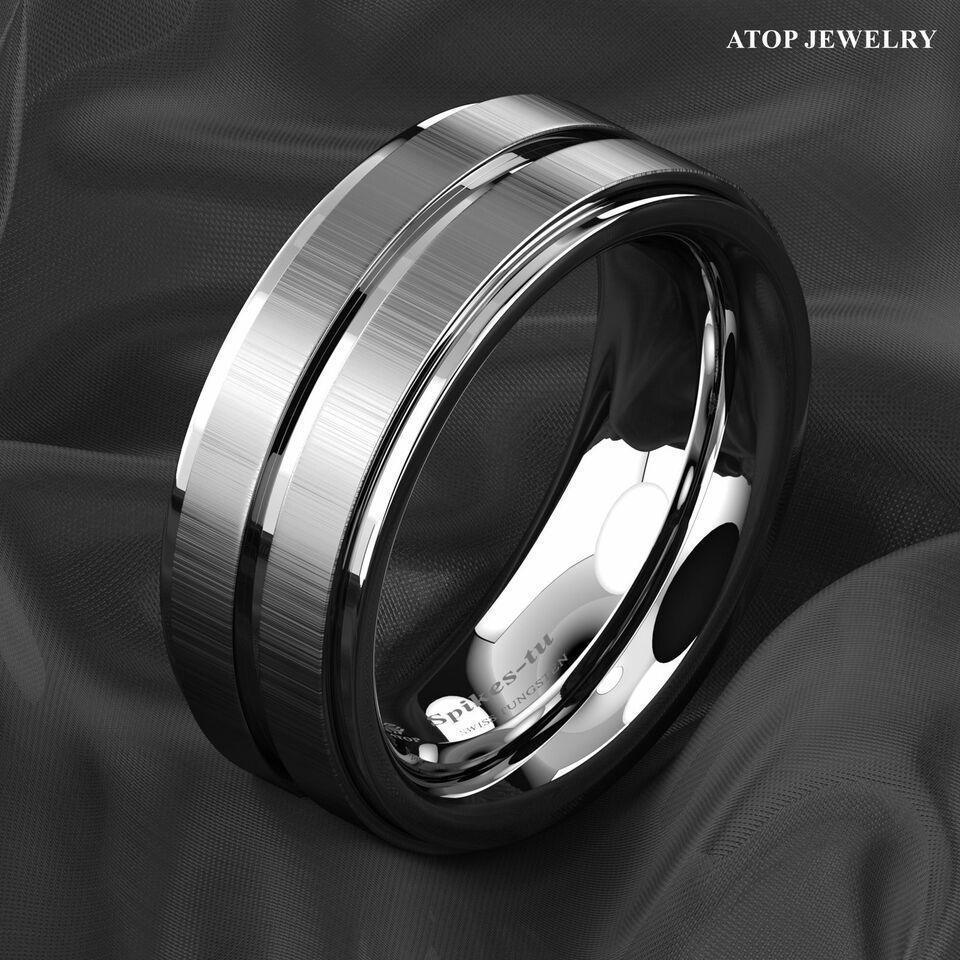 Men's Tungsten Carbide Wedding Band Rings - Vertical Brushed Meteorite Design - Wedding Rings for Men and Women - Jewelry Store by Erik Rayo