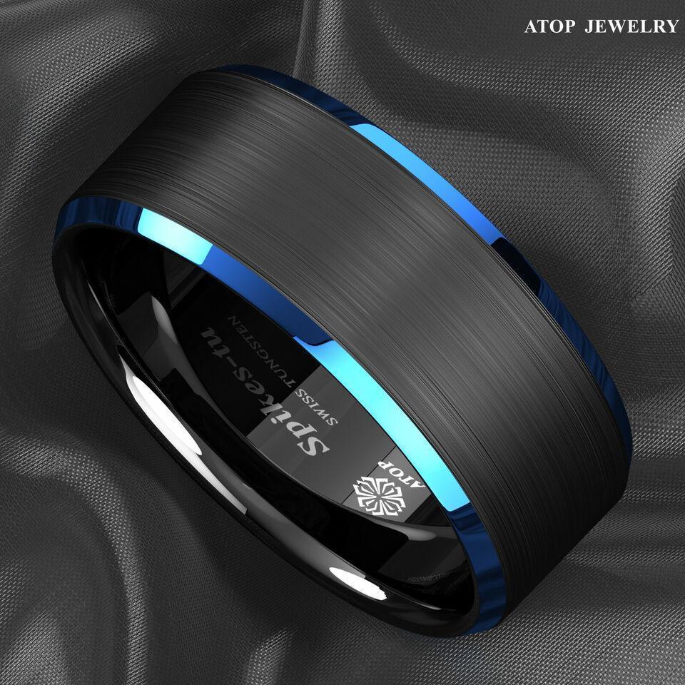 Men's Tungsten Carbide Wedding Band - Black Brushed with Blue Edge - Rings for Men and Women - Jewelry Store by Erik Rayo