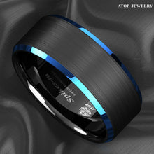 Load image into Gallery viewer, Men&#39;s Wedding Band - Black Brushed with Blue Edge - Rings for Men and Women
