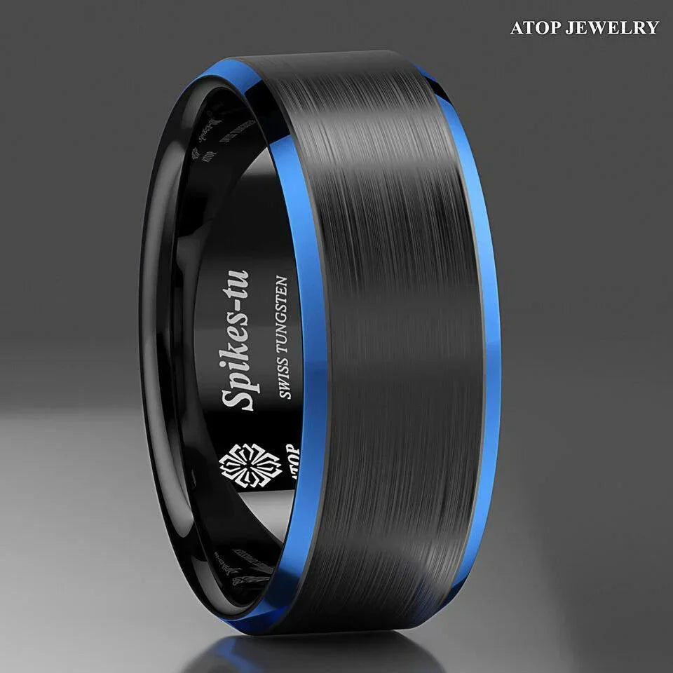 Men's Tungsten Carbide Wedding Band - Black Brushed with Blue Edge - Rings for Men and Women - Jewelry Store by Erik Rayo