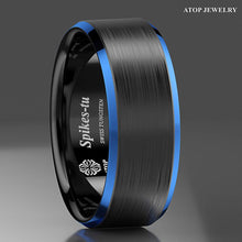 Load image into Gallery viewer, Men&#39;s Wedding Band - Black Brushed with Blue Edge - Rings for Men and Women
