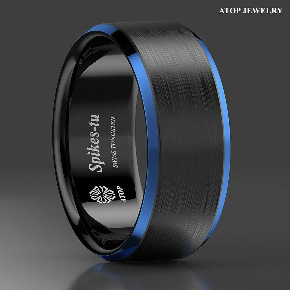 Men's Tungsten Carbide Wedding Band - Black Brushed with Blue Edge - Rings for Men and Women - Jewelry Store by Erik Rayo