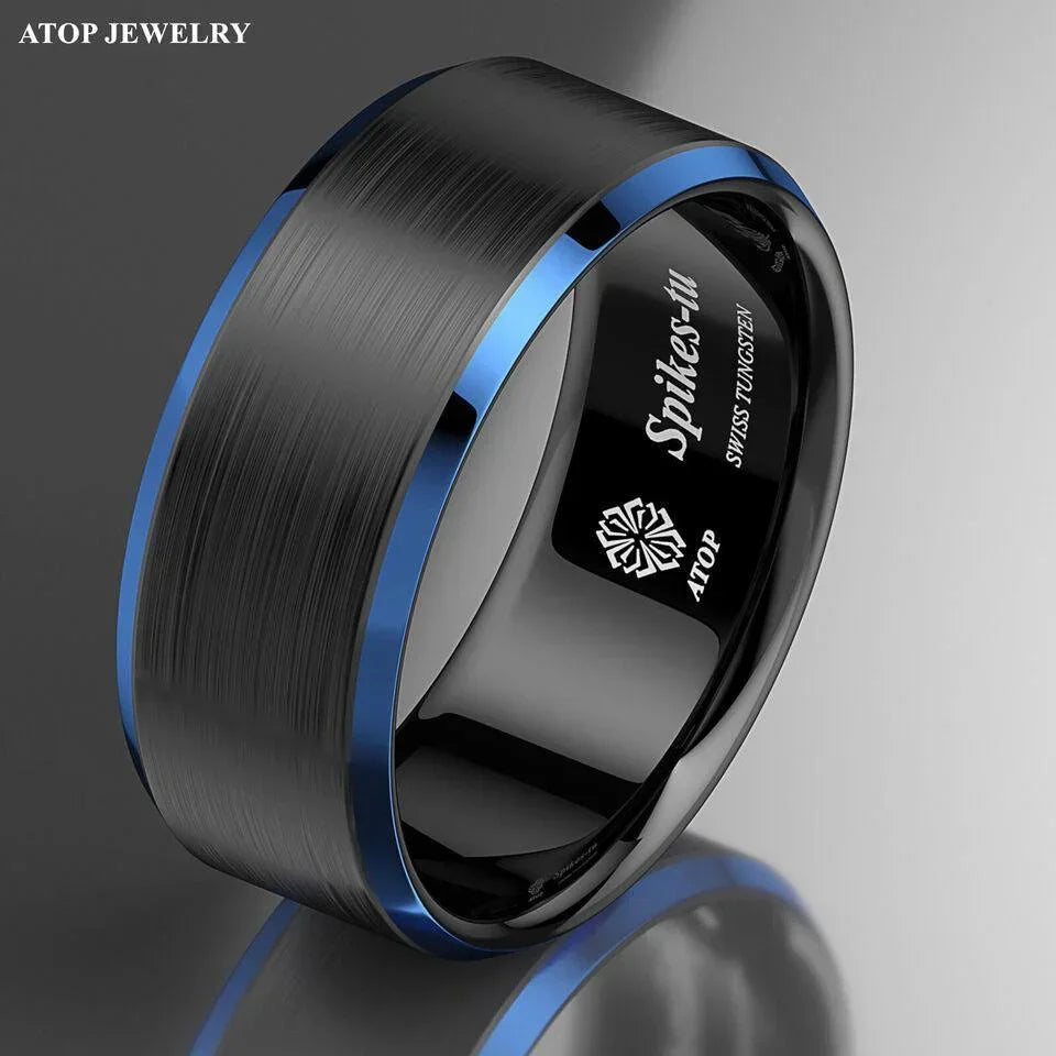 Men's Tungsten Carbide Wedding Band - Black Brushed with Blue Edge - Rings for Men and Women - Jewelry Store by Erik Rayo