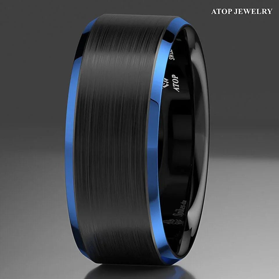 Men's Tungsten Carbide Wedding Band - Black Brushed with Blue Edge - Rings for Men and Women - Jewelry Store by Erik Rayo