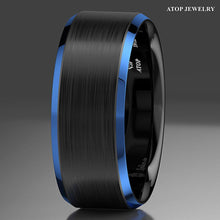 Load image into Gallery viewer, Men&#39;s Wedding Band - Black Brushed with Blue Edge - Rings for Men and Women
