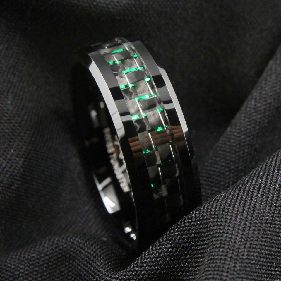 Men's Tungsten Carbide Wedding Band Rings - Black and Green Carbon Fiber - Wedding Rings for Men and Women - Jewelry Store by Erik Rayo