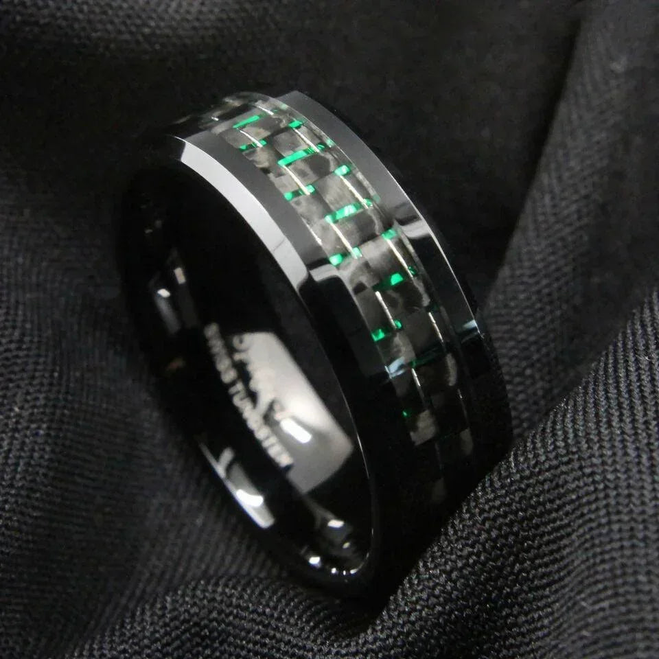 Men's Tungsten Carbide Wedding Band Rings - Black and Green Carbon Fiber - Wedding Rings for Men and Women - Jewelry Store by Erik Rayo