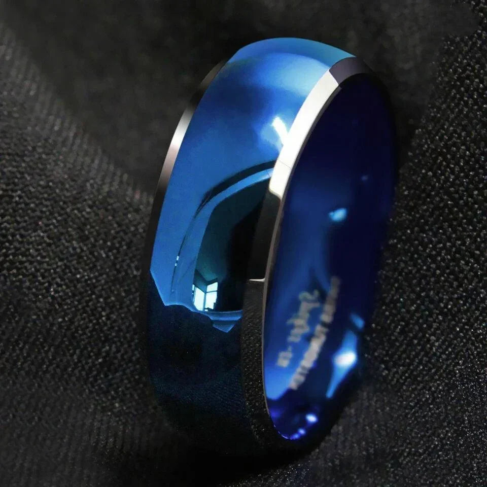Men's Blue Domed Tungsten Carbide Wedding Band with Beveled Silver Edges - Men's and Women's Wedding Rings - Jewelry Store by Erik Rayo