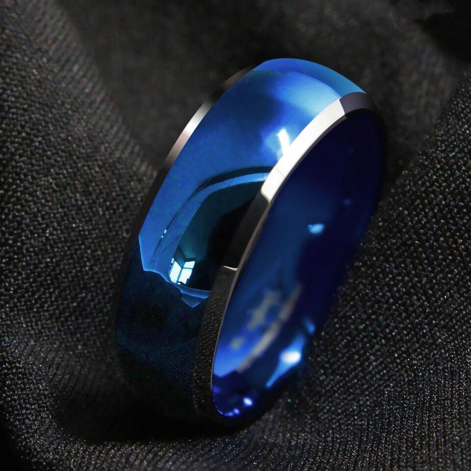 Men's Blue Domed Tungsten Carbide Wedding Band with Beveled Silver Edges - Men's and Women's Wedding Rings - Jewelry Store by Erik Rayo