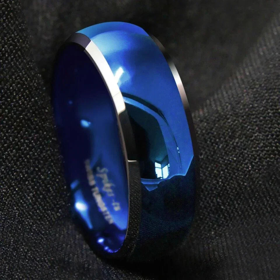 Men's Blue Domed Tungsten Carbide Wedding Band with Beveled Silver Edges - Men's and Women's Wedding Rings - Jewelry Store by Erik Rayo