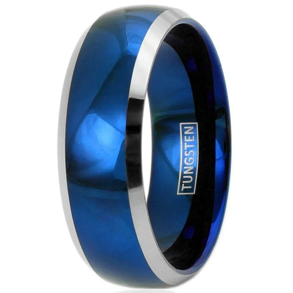 Men's Blue Domed Tungsten Carbide Wedding Band with Beveled Silver Edges - Men's and Women's Wedding Rings - Jewelry Store by Erik Rayo