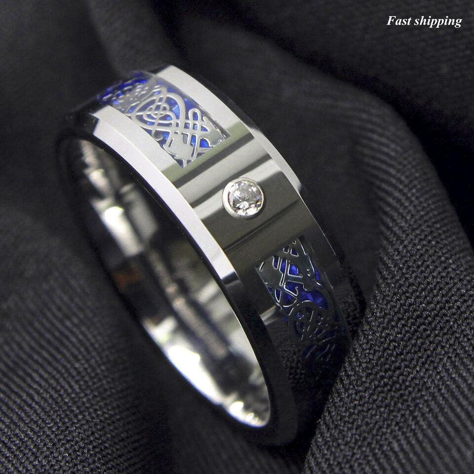 Men's Tungsten Carbide Wedding Band Rings - Silver Celtic Dragon CZ Rings for Men and Women - Jewelry Store by Erik Rayo