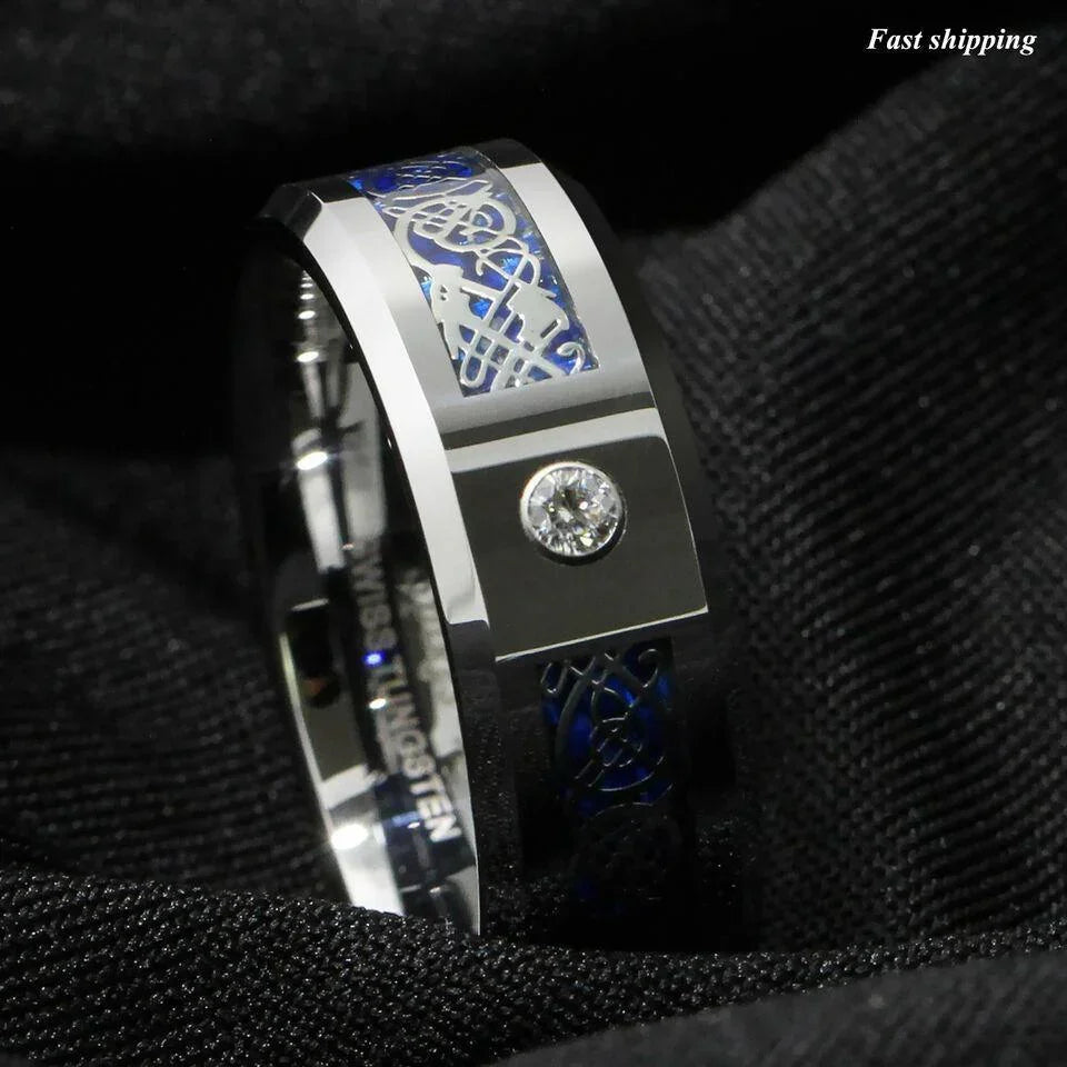 Men's Tungsten Carbide Wedding Band Rings - Silver Celtic Dragon CZ Rings for Men and Women - Jewelry Store by Erik Rayo