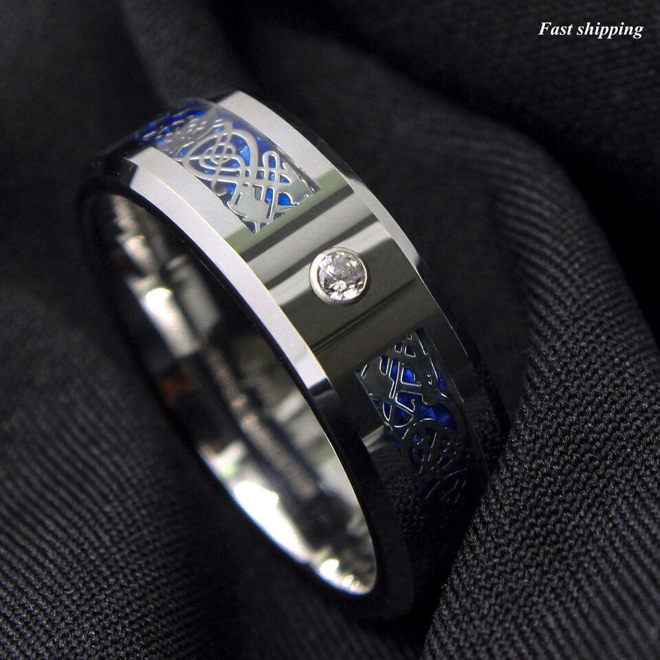 Men's Tungsten Carbide Wedding Band Rings - Silver Celtic Dragon CZ Rings for Men and Women - Jewelry Store by Erik Rayo