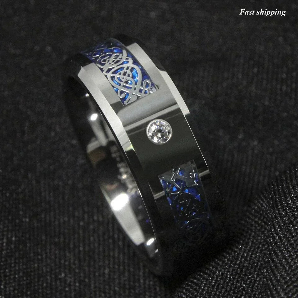 Men's Tungsten Carbide Wedding Band Rings - Silver Celtic Dragon CZ Rings for Men and Women - Jewelry Store by Erik Rayo