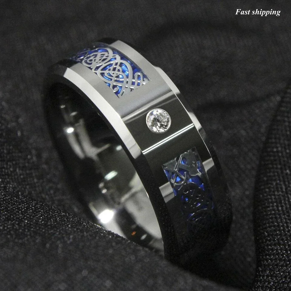 Men's Tungsten Carbide Wedding Band Rings - Silver Celtic Dragon CZ Rings for Men and Women - Jewelry Store by Erik Rayo
