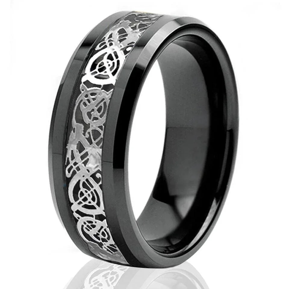 Men's Tungsten Carbide Wedding Band - Silver Celtic Dragon Black Carbon Ring for Men and Women - Jewelry Store by Erik Rayo
