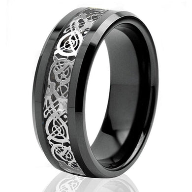 Men's Wedding Band - Silver Celtic Dragon Black Tungsten Carbon Ring for Men and Women