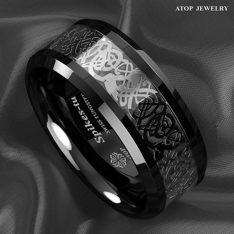 Men's Tungsten Carbide Wedding Band - Silver Celtic Dragon Black Carbon Ring for Men and Women - Jewelry Store by Erik Rayo