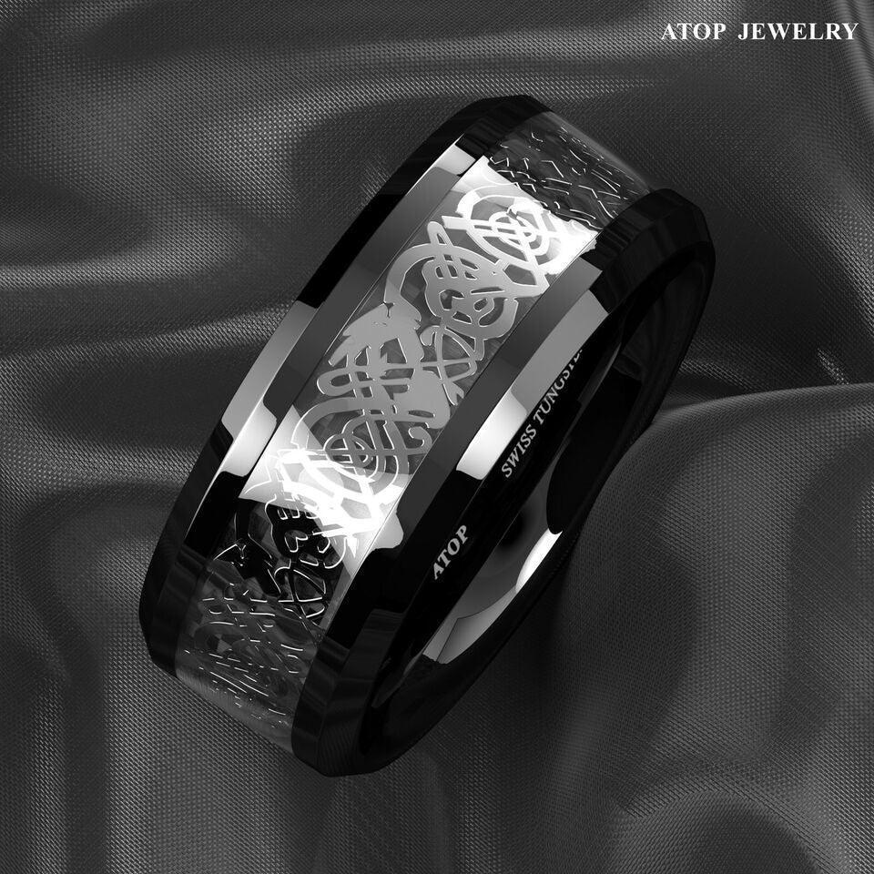 Men's Tungsten Carbide Wedding Band - Silver Celtic Dragon Black Carbon Ring for Men and Women - Jewelry Store by Erik Rayo