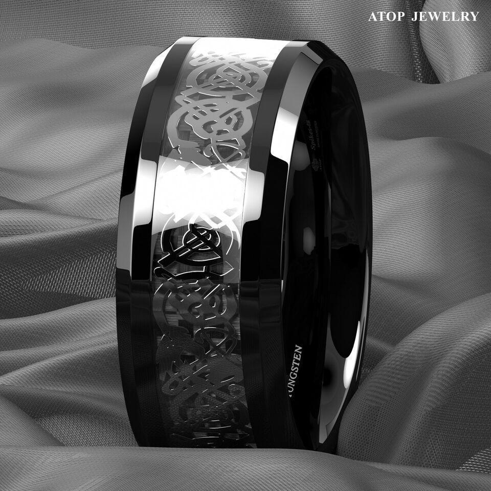 Men's Tungsten Carbide Wedding Band - Silver Celtic Dragon Black Carbon Ring for Men and Women - Jewelry Store by Erik Rayo
