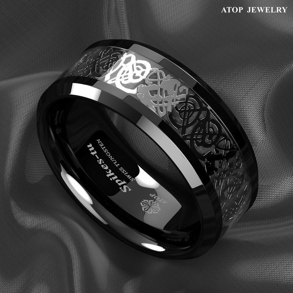Men's Tungsten Carbide Wedding Band - Silver Celtic Dragon Black Carbon Ring for Men and Women - Jewelry Store by Erik Rayo
