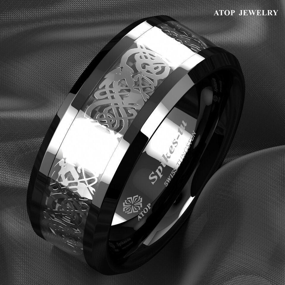 Men's Tungsten Carbide Wedding Band - Silver Celtic Dragon Black Carbon Ring for Men and Women - Jewelry Store by Erik Rayo