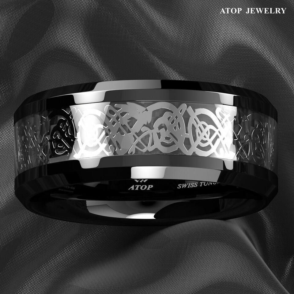 Men's Tungsten Carbide Wedding Band - Silver Celtic Dragon Black Carbon Ring for Men and Women - Jewelry Store by Erik Rayo