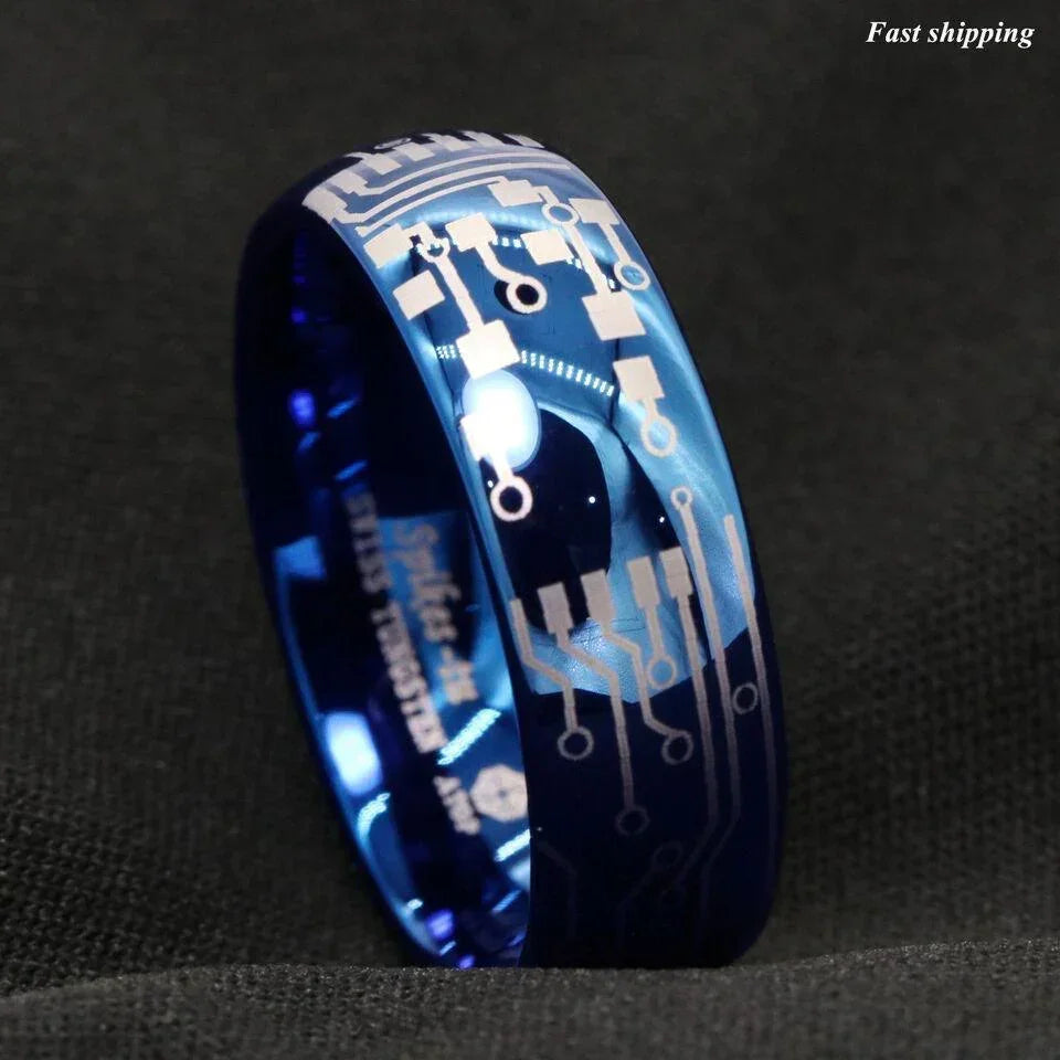 Men's Tungsten Carbide Wedding Band - Dome Brushed Blue Laser Circuit Board Ring for Men and Women - Jewelry Store by Erik Rayo