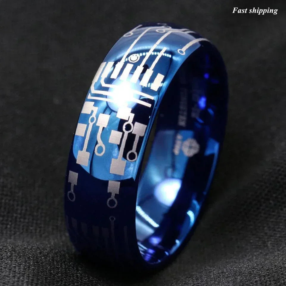 Men's Tungsten Carbide Wedding Band - Dome Brushed Blue Laser Circuit Board Ring for Men and Women - Jewelry Store by Erik Rayo