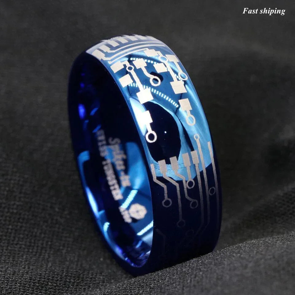 Men's Tungsten Carbide Wedding Band - Dome Brushed Blue Laser Circuit Board Ring for Men and Women - Jewelry Store by Erik Rayo