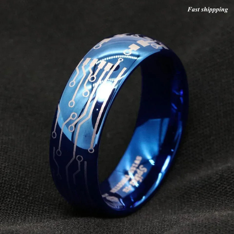 Men's Tungsten Carbide Wedding Band - Dome Brushed Blue Laser Circuit Board Ring for Men and Women - Jewelry Store by Erik Rayo
