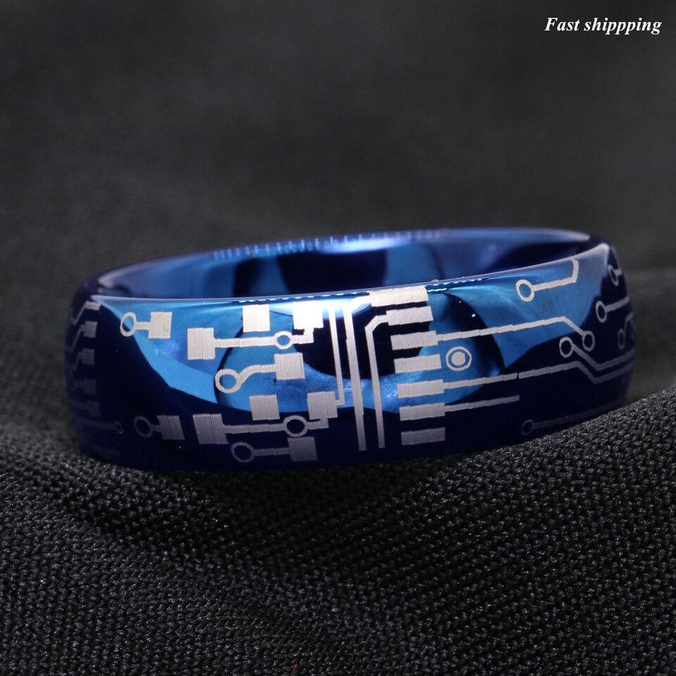 Men's Tungsten Carbide Wedding Band - Dome Brushed Blue Laser Circuit Board Ring for Men and Women - Jewelry Store by Erik Rayo