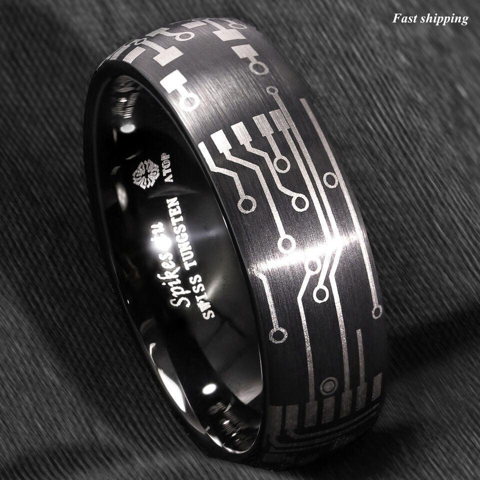 Men's Tungsten Carbide Wedding Band - Dome Brushed Black Laser Circuit Board Ring for Men and Women - Jewelry Store by Erik Rayo