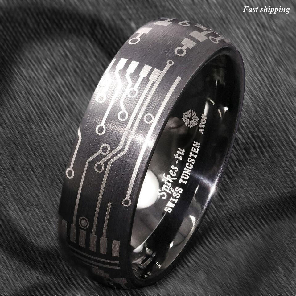 Men's Tungsten Carbide Wedding Band - Dome Brushed Black Laser Circuit Board Ring for Men and Women - Jewelry Store by Erik Rayo