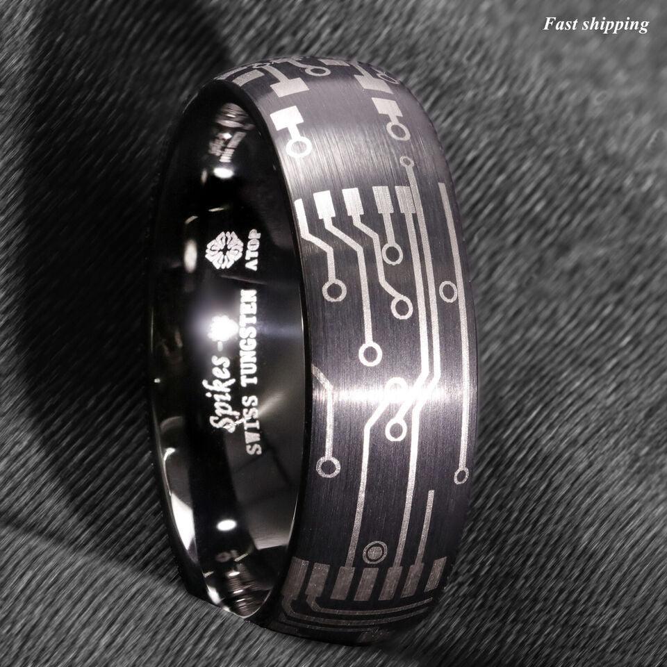 Men's Tungsten Carbide Wedding Band - Dome Brushed Black Laser Circuit Board Ring for Men and Women - Jewelry Store by Erik Rayo