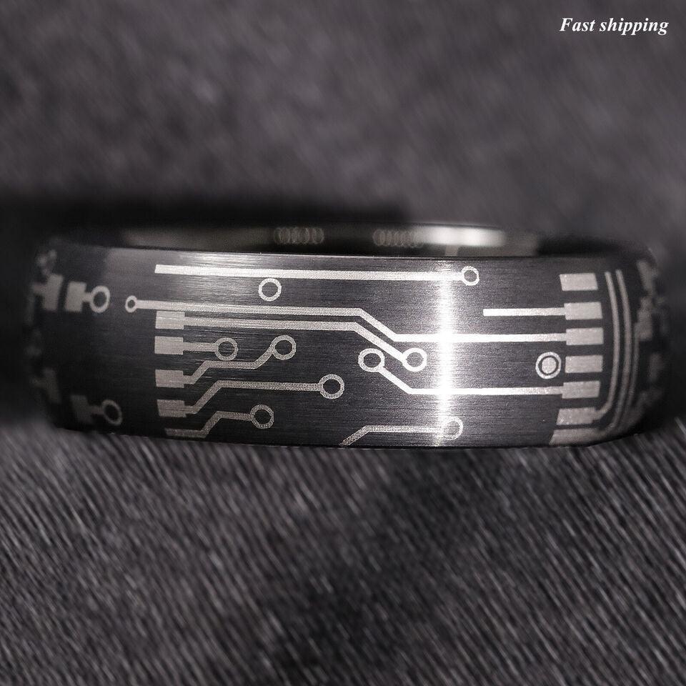 Men's Tungsten Carbide Wedding Band - Dome Brushed Black Laser Circuit Board Ring for Men and Women - Jewelry Store by Erik Rayo