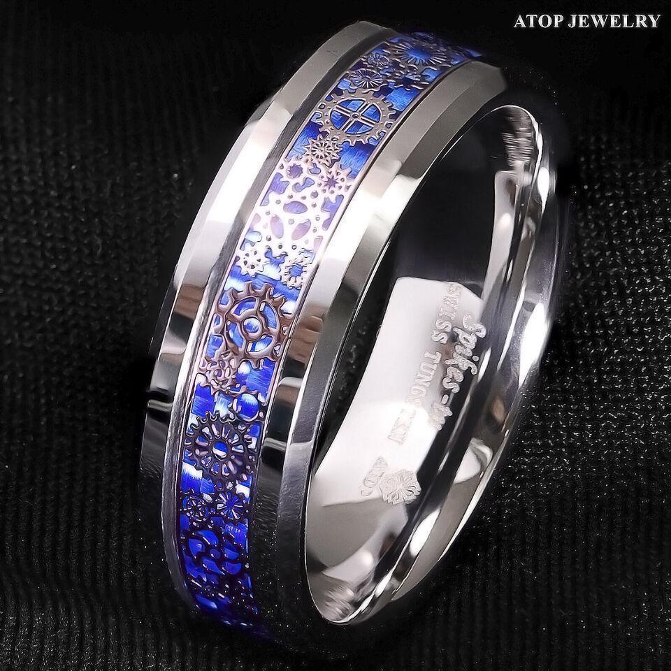 Men's Tungsten Carbide Wedding Band Ring with Clockwork Gears and Blue Carbon Fiber for Men and Women - Jewelry Store by Erik Rayo