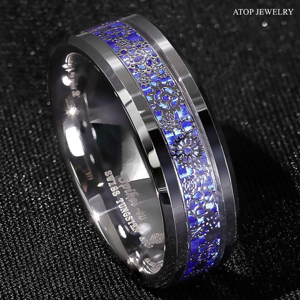 Men's Tungsten Carbide Wedding Band Ring with Clockwork Gears and Blue Carbon Fiber for Men and Women - Jewelry Store by Erik Rayo