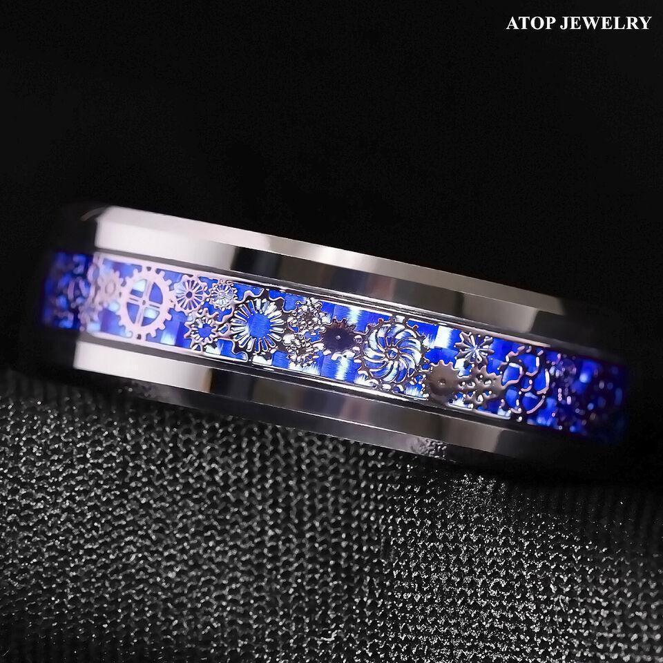 Men's Tungsten Carbide Wedding Band Ring with Clockwork Gears and Blue Carbon Fiber for Men and Women - Jewelry Store by Erik Rayo