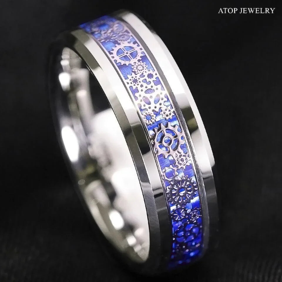 Men's Tungsten Carbide Wedding Band Ring with Clockwork Gears and Blue Carbon Fiber for Men and Women - Jewelry Store by Erik Rayo