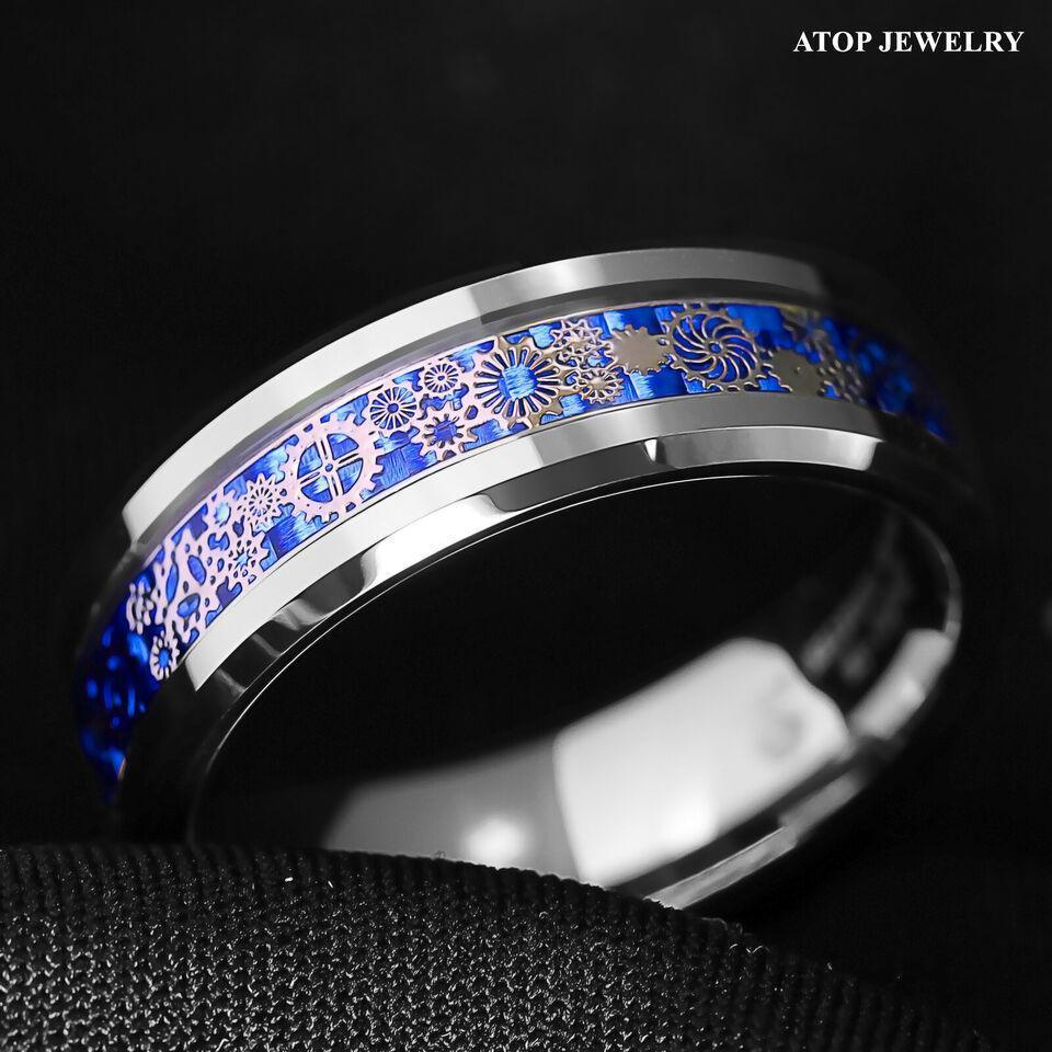 Men's Tungsten Carbide Wedding Band Ring with Clockwork Gears and Blue Carbon Fiber for Men and Women - Jewelry Store by Erik Rayo