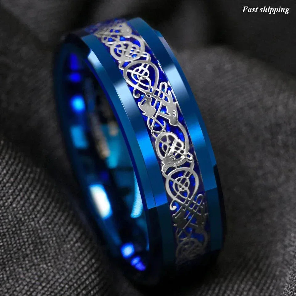Men's Tungsten Carbide Wedding Band Ring - Blue Celtic Dragon Carbon Fiber - Wedding Rings for Men and Women - Jewelry Store by Erik Rayo