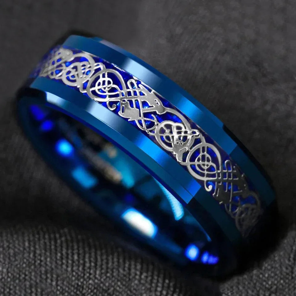 Men's Tungsten Carbide Wedding Band Ring - Blue Celtic Dragon Carbon Fiber - Wedding Rings for Men and Women - Jewelry Store by Erik Rayo
