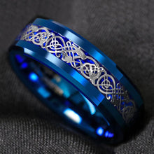 Load image into Gallery viewer, Men&#39;s Wedding Band Ring - Blue Celtic Dragon Carbon Fiber - Wedding Rings for Men and Women
